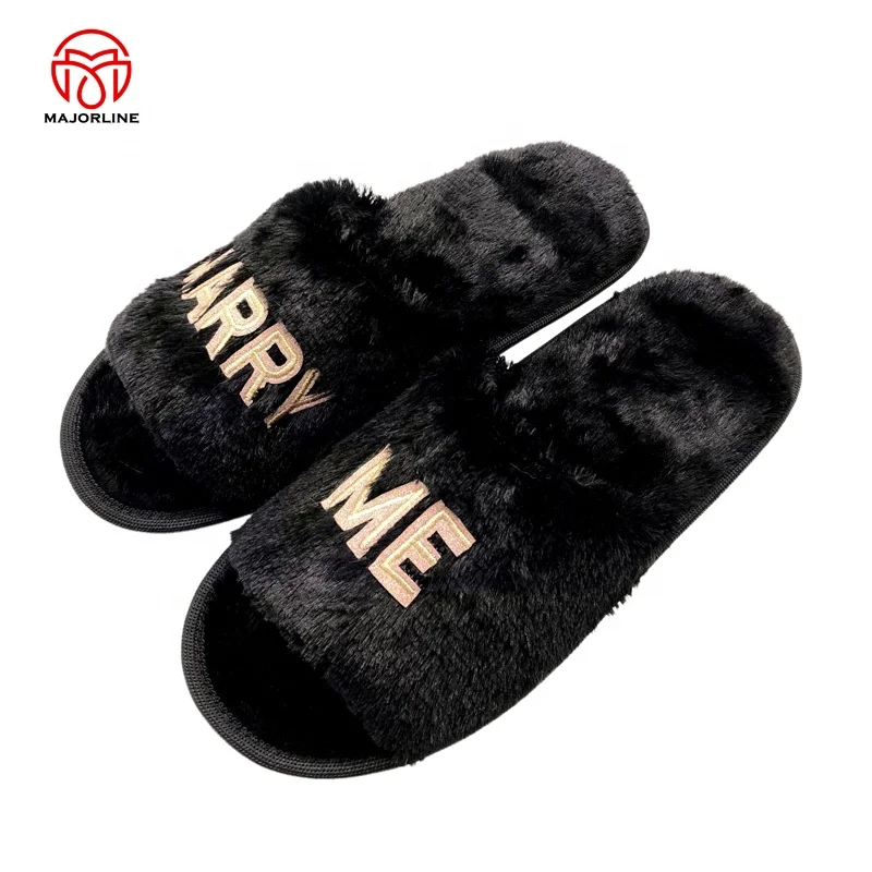 OEM full customized Winter Plush Furry one band Open Toe Indoor embroidery Logo  Warm Faux Rabbit Fur Women Cozy Slippers