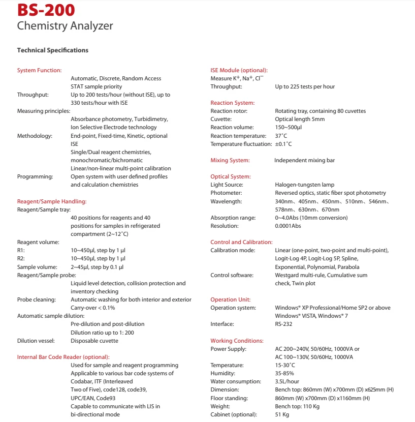 Mind-ray BS-200 Fully Automated Chemistry Analyzer Biochemical Analysis Machine 200 Tests Per Hour