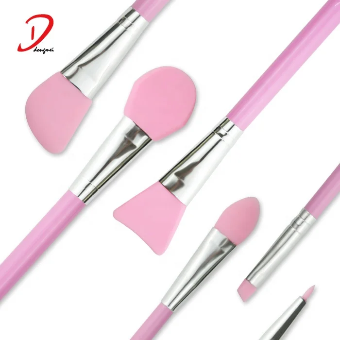 Dongmei Manufacture Durable Easy to Clean Pink Silicone Brush Set Mask Brush Wooden Handle Makeup Brush Set
