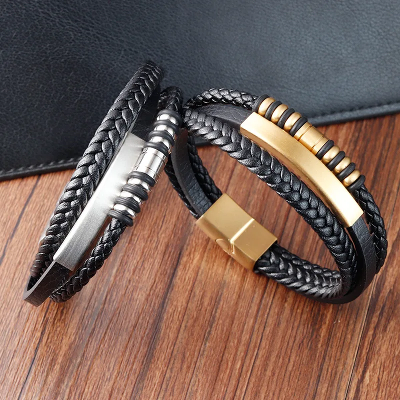 High Quality Multi Layer Braided Black Genuine Leather Bracelet 18k Gold Plated Stainless Steel Accessories Jewelry
