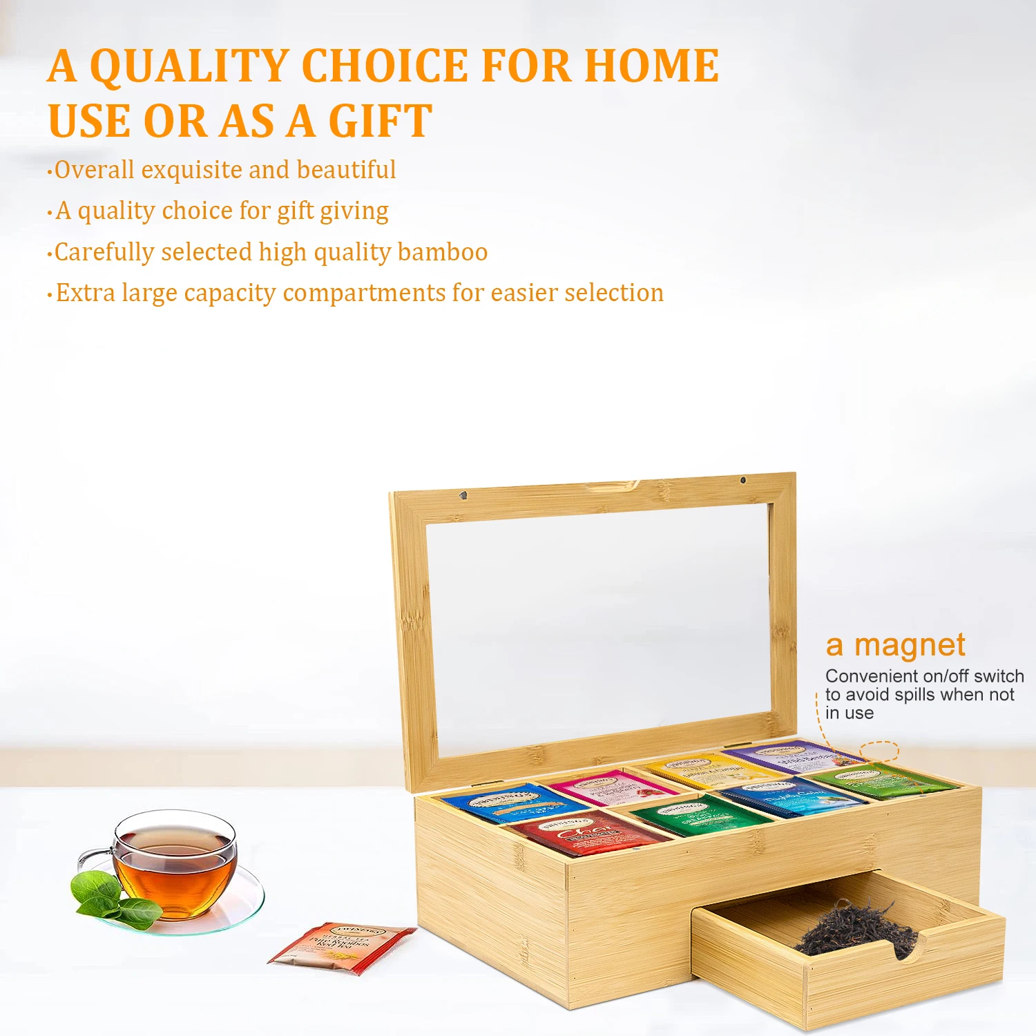 GL 6 Compartments High Quality Natural Bamboo Tea Bag Organizer Box,Tea Holder for Tea Bags Organizer With Drawer