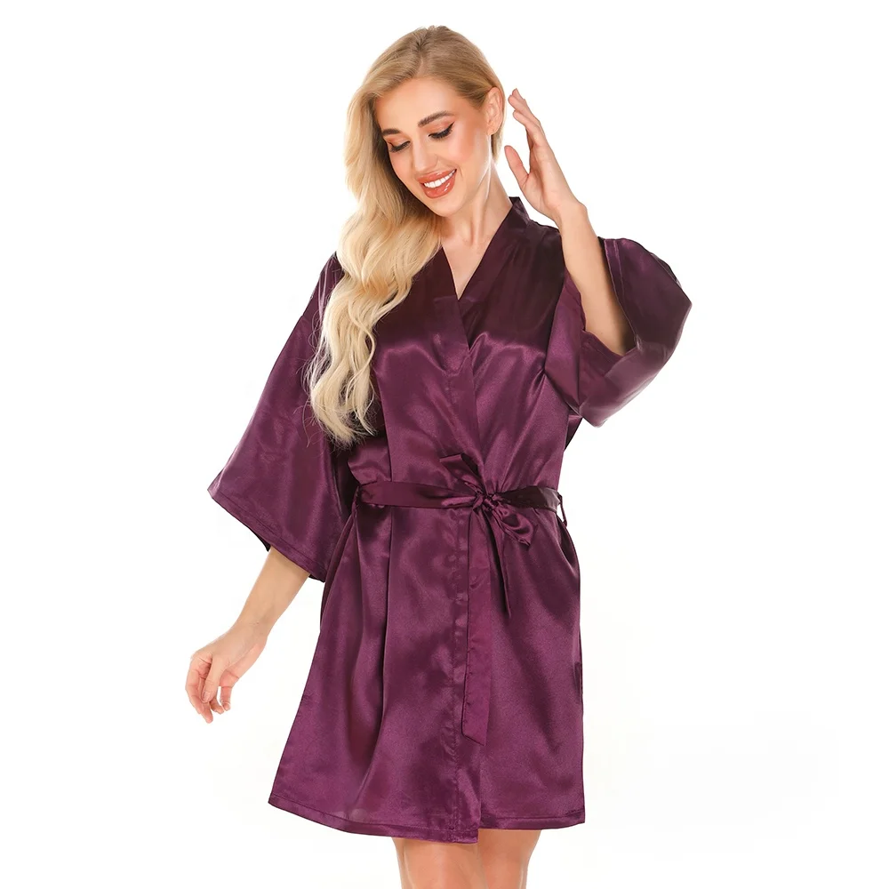 wholesale women purple wedding robe short bride satin kimono silk robe Support for custom color fonts