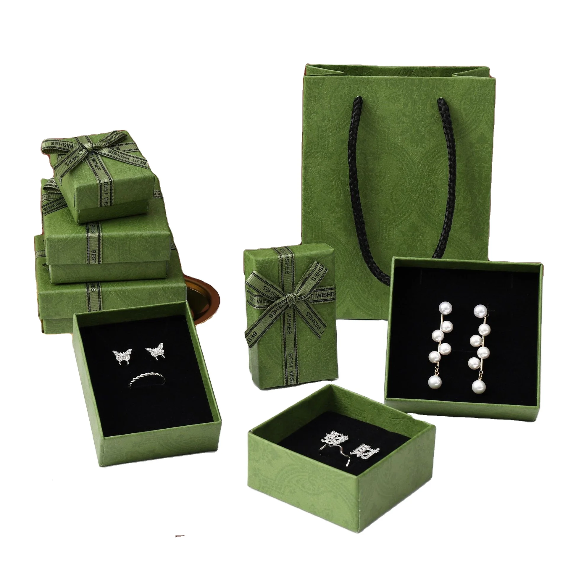 High Quality Jewelry Gift Packaging Boxes for Ring Necklace Bracelet Green Paper Gift Boxes Wallet Watch Boxes with Pouches