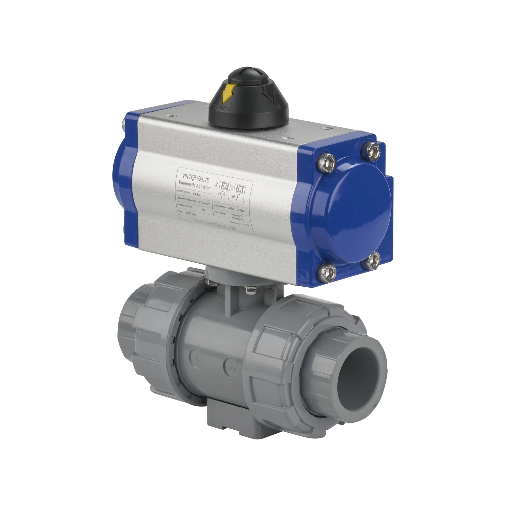 VINCER DN50 ON/OFF Type Double Union single acting double acting Pneumatic Control Pneumatic 2way 3 way PVC Ball Valve