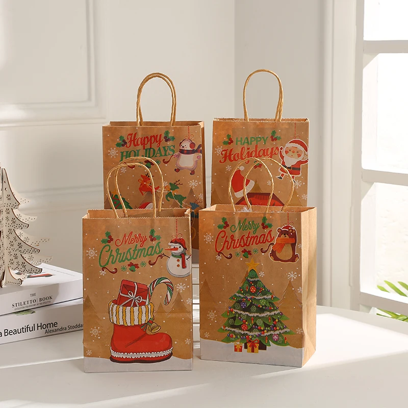 STOCK 21*15*8cm  christmas holiday party supplies gift kraft paper bags box goody candy tread bags