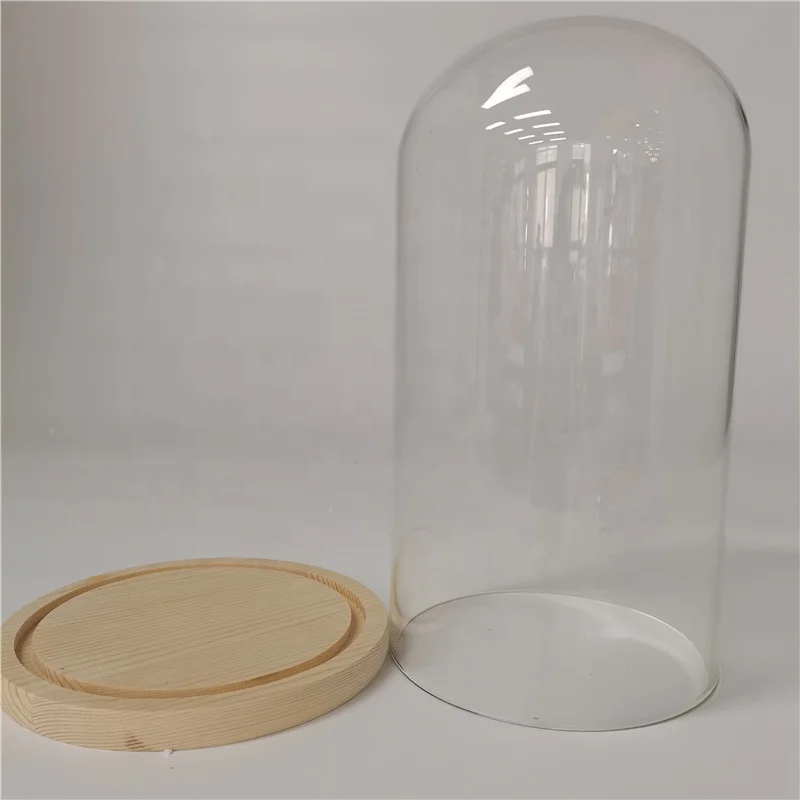 Wholesale Customized diy U-Shape bell display transparent wood stand round cheap clear flower glass dome with base
