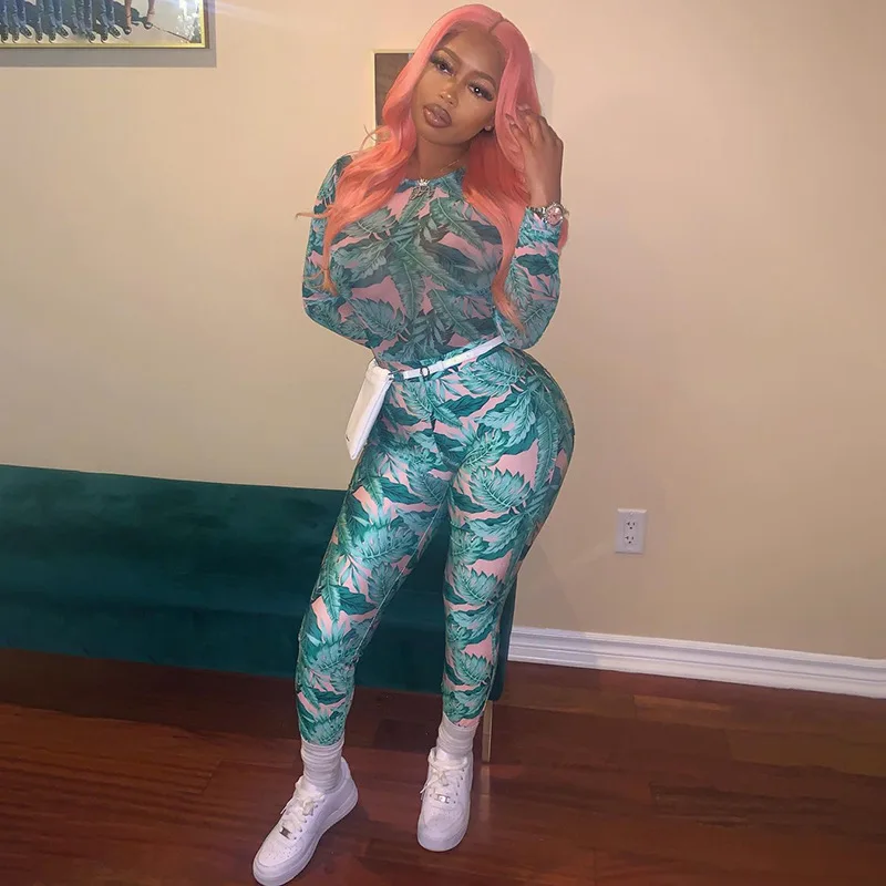 A20534S Sexy Mesh Two Piece Sets Women Stand Collar Long Sleeve Tops High Waist Trouser Fashion Print Suit