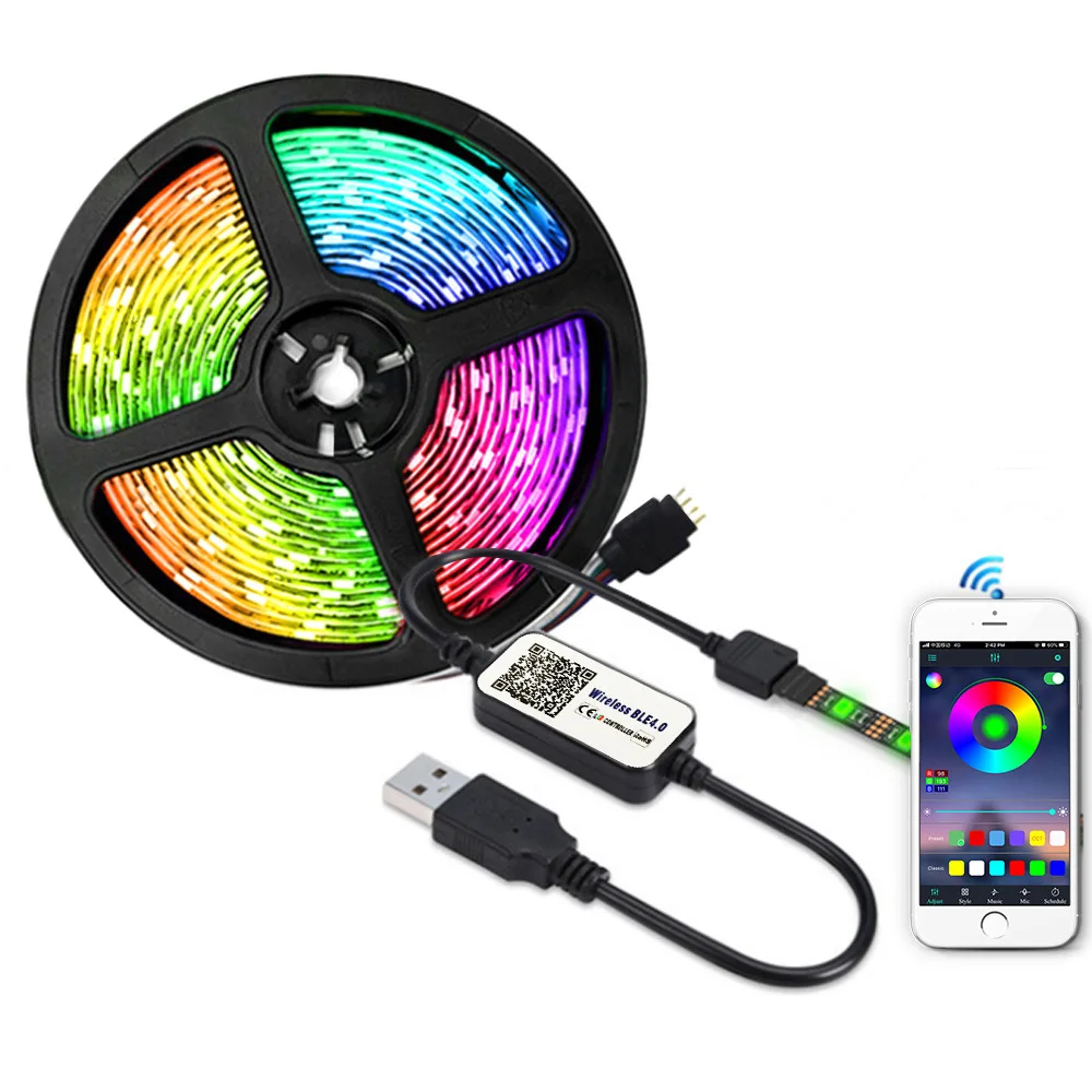 
IP65 Waterproof 30LED/m 5050 SMD RGB LED Strip Light Powered by USB With IR Controller Or Bluetooth Controller 