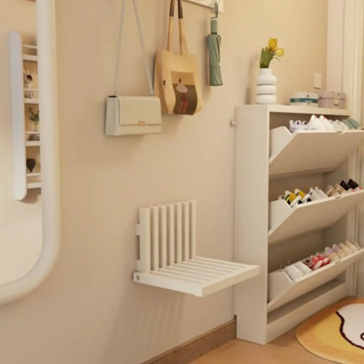 Addreen Customizable colors Bamboo Folding Shower Seat Wall Mounted Door Rear Folding Chair Entrance Bamboo Shoe Changing Stool