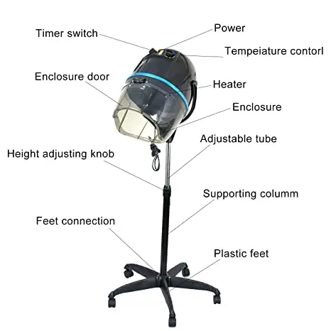 Professional Adjustable Hooded Floor Hair Bonnet Dryer Stand Up Rolling Base with Wheels Salon Equipment
