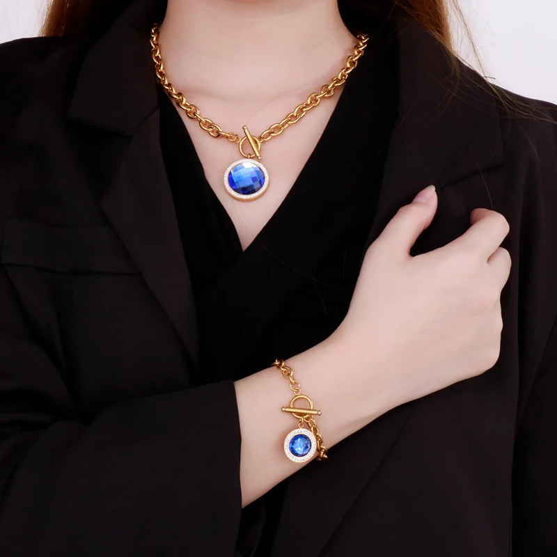 Kalen Fashion Rhinestone Blue Glass Pendant Set Gold Plated Earrings Bracelet Necklace Gift Women Stainless Steel Jewelry Sets