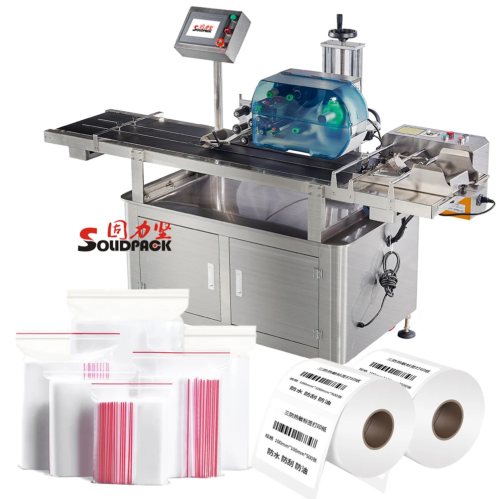 Solidpack automatic small bag/card feeding and top side labeling machine with online printing apply system with thermal printer