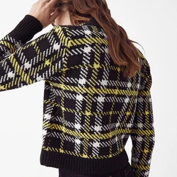 Jacquard Plaid Sweaters Women Fashion Clothes Styles High Quality V Neck OEM Knitted Sweater Cardigan Jacket For Woman