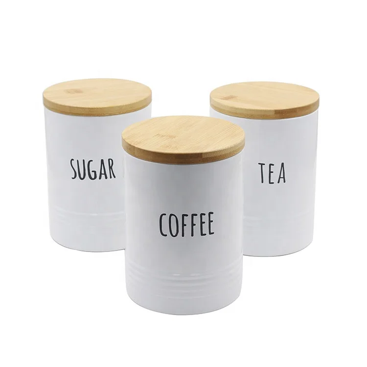 
Set of 3 Metal Food Grade Tea Coffee Sugar Storage Kitchen Food Canister Set with Bamboo Lid 