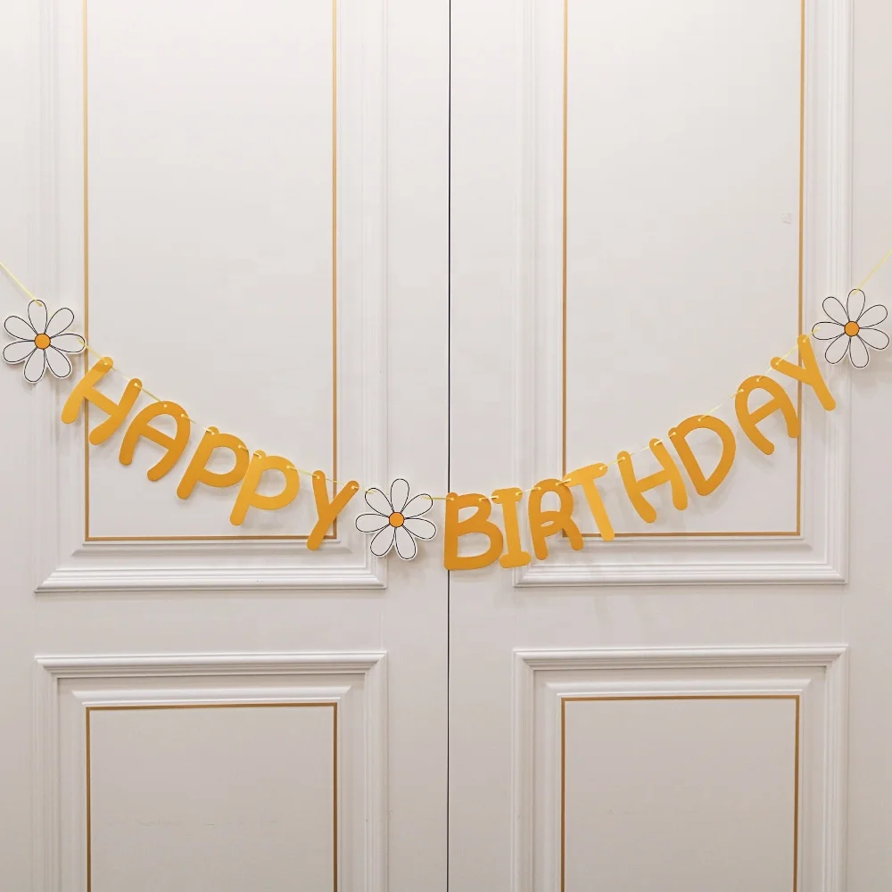 Macaron Smile Daisy theme Happy Birthday Party Banner Decorations Supplies for Kids Girls Foil Balloon Flower Paper Banner
