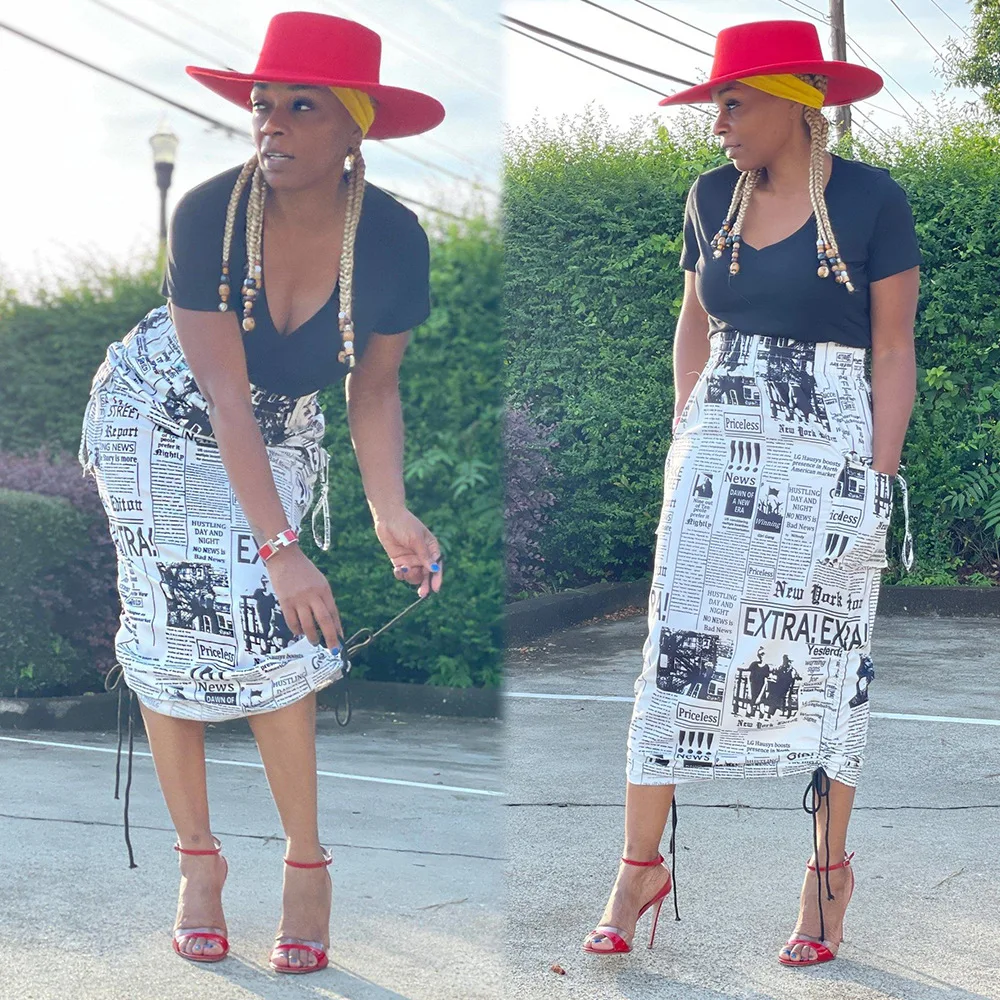 2023 Fashion Women Elegant Long Dress Tassels High Waist newspaper Printed Ladies Tassel  lacing wrap skirt Midi Skirt