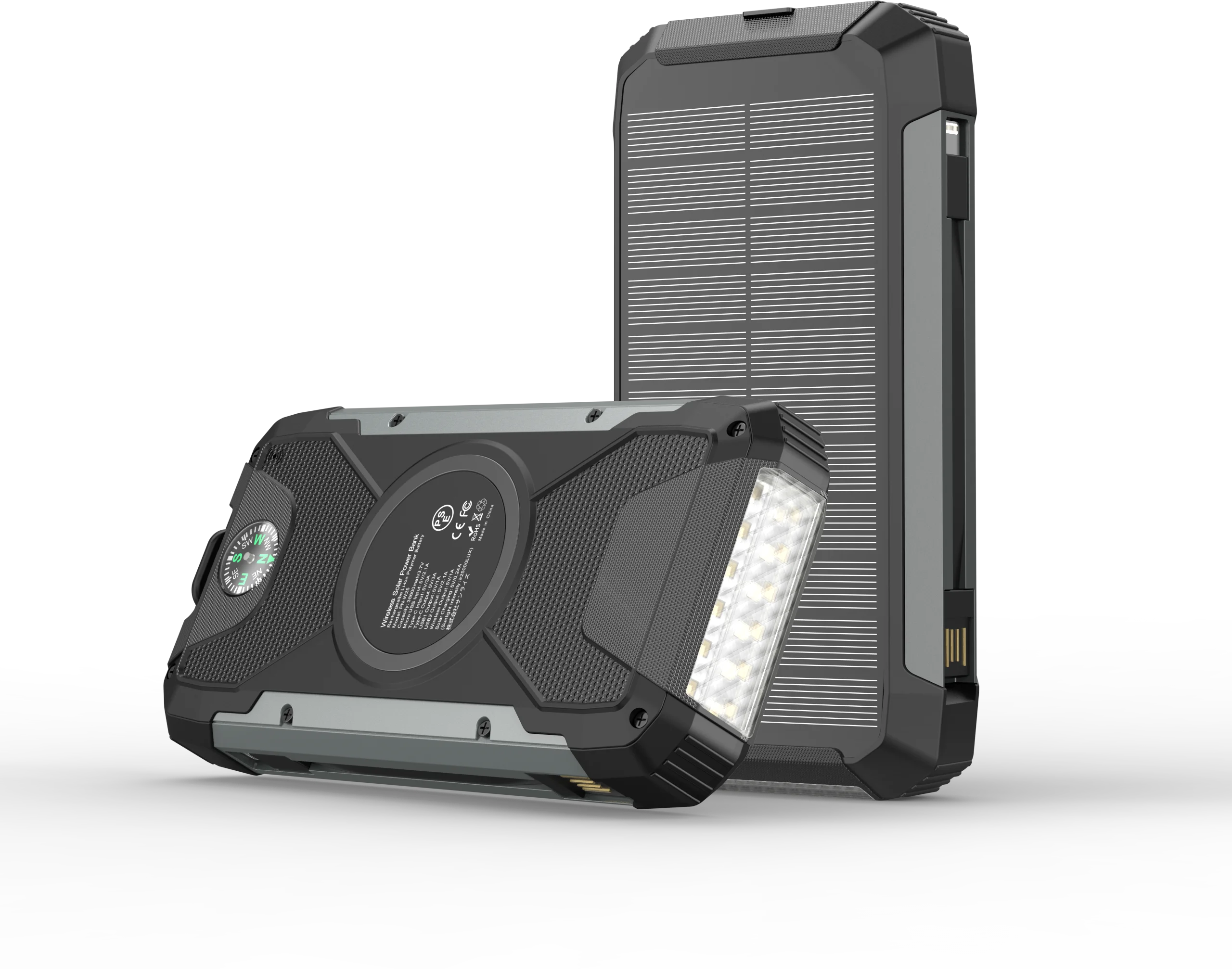 New Solar Power Bank PN-W25 20000mAh Qi Wireless Charger with  LED Flashlight Build in Cables TYPE-C USB Power Bank