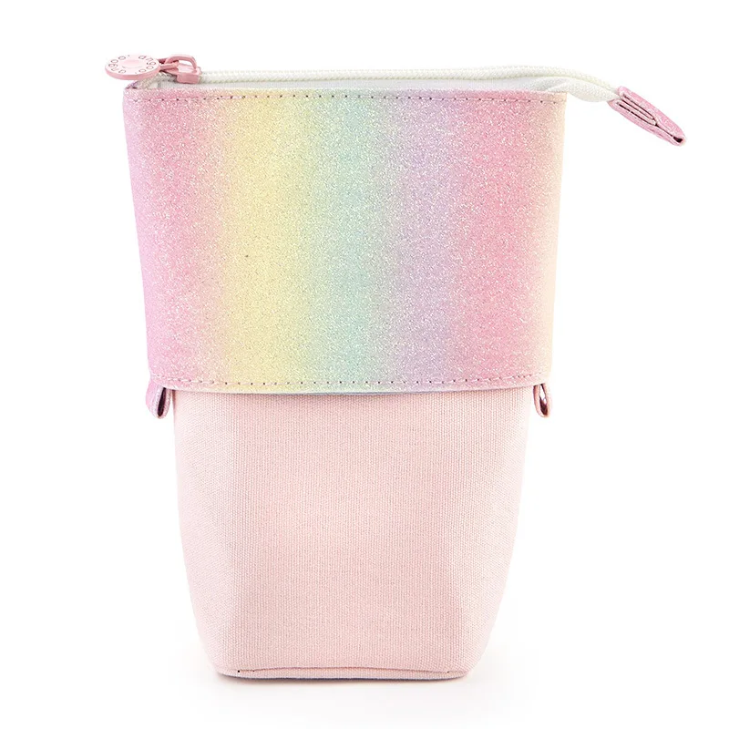 Hot selling kawaii rainbow pull-down pencil bag telescopic net red pencil box large capacity student stationery bag