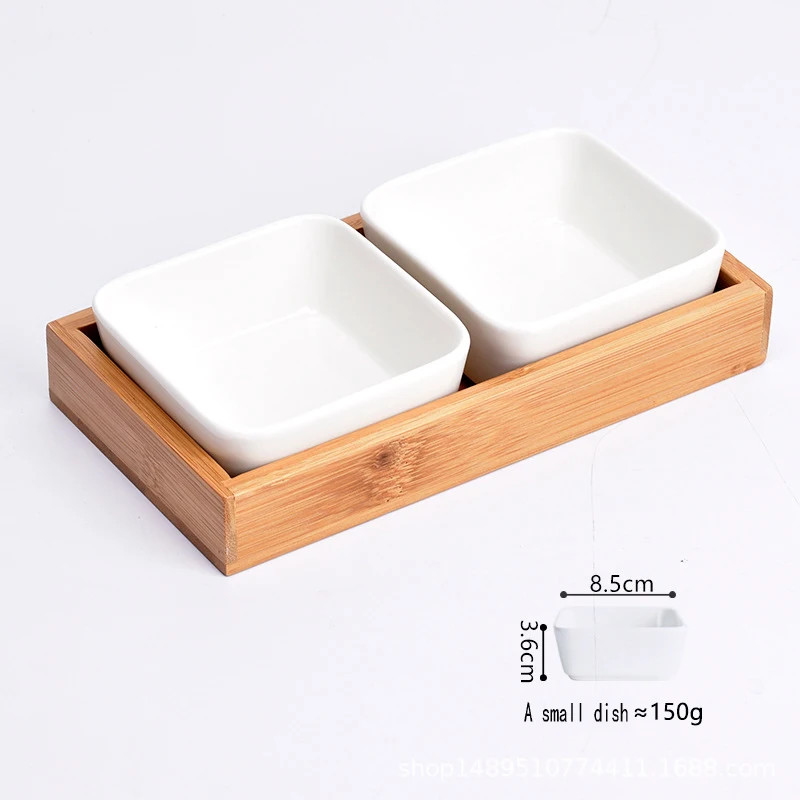 Removable Fruit Ceramic Compartment Bowls with Bamboo Serving Tray