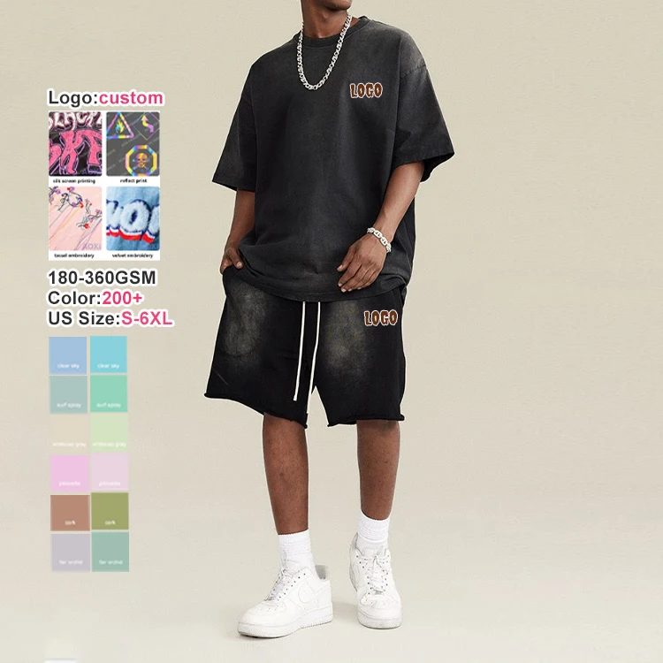 Luxury 320 gsm 350gsm custom heavyweight vintage t-shirt and pant sets acid washed 280 gsm cotton oversized t shirt for men