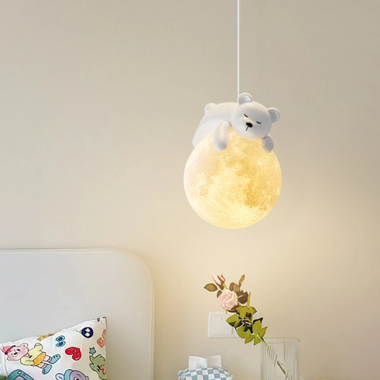 Nordic Modern Creative Personality Art 3D Moon Bedside Lamp Simple cream wind Resin bear Bedroom pendant lamp