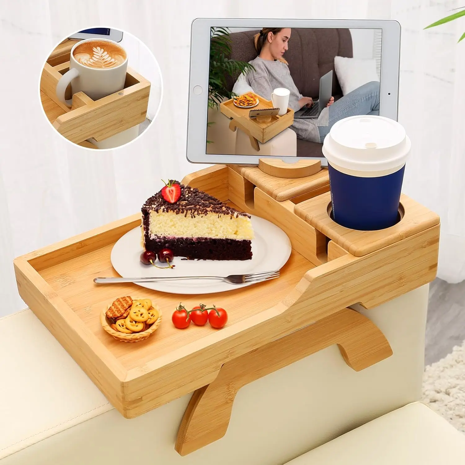 Modern Custom Standing Bamboo Sofa Armrest Tray Carved Wooden Serving Tray Mobile Phone Holder Food Storage Table Desks
