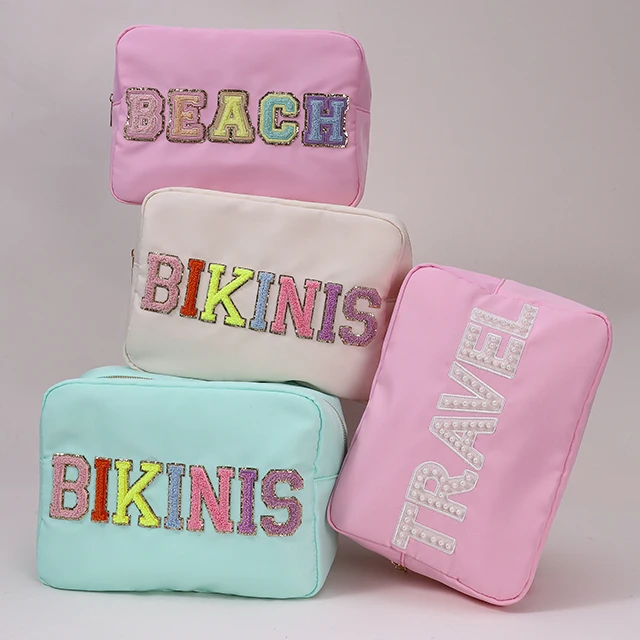 RTS Stock Nylon Waterproof Personalized Glitter Letter Patches Custom Women Girl Wedding Birthday Gift Makeup Cosmetic Pouch Bag