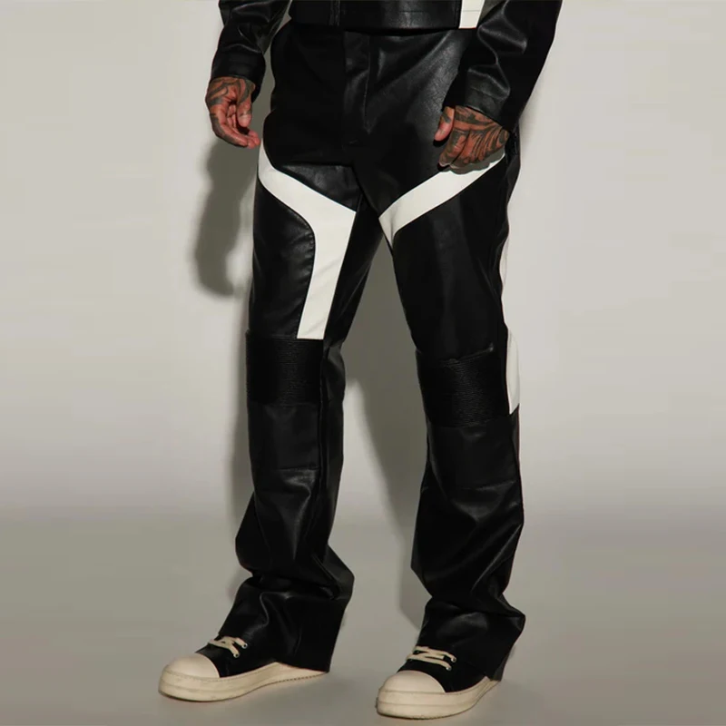 PU Cargo Sweat Pants Hip Hop Pocket  Trousers Sweatpants Color Blocking Faux Leather Moto Stacked Flare Pants Men