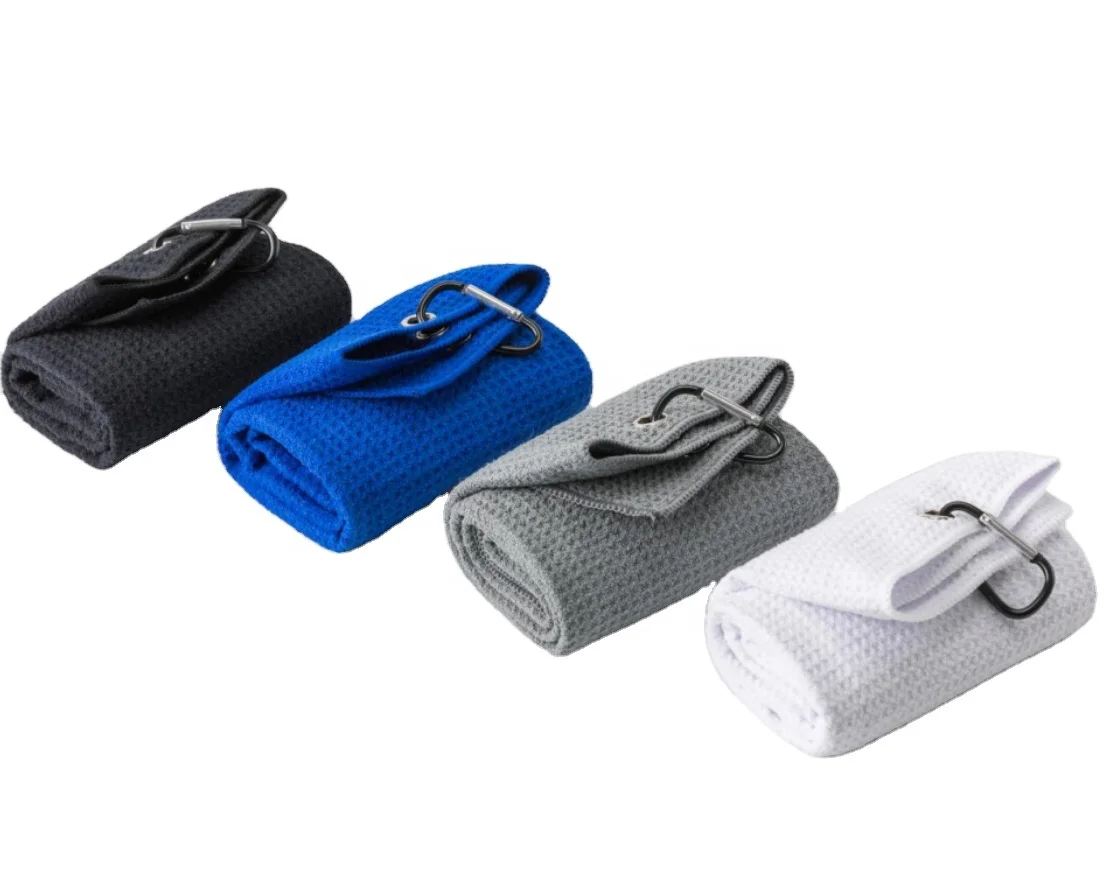 Cheap Microfiber Waffle Pattern Golf Towel Wholesale Tri-fold Golf Towel for Golf Bags with Clip