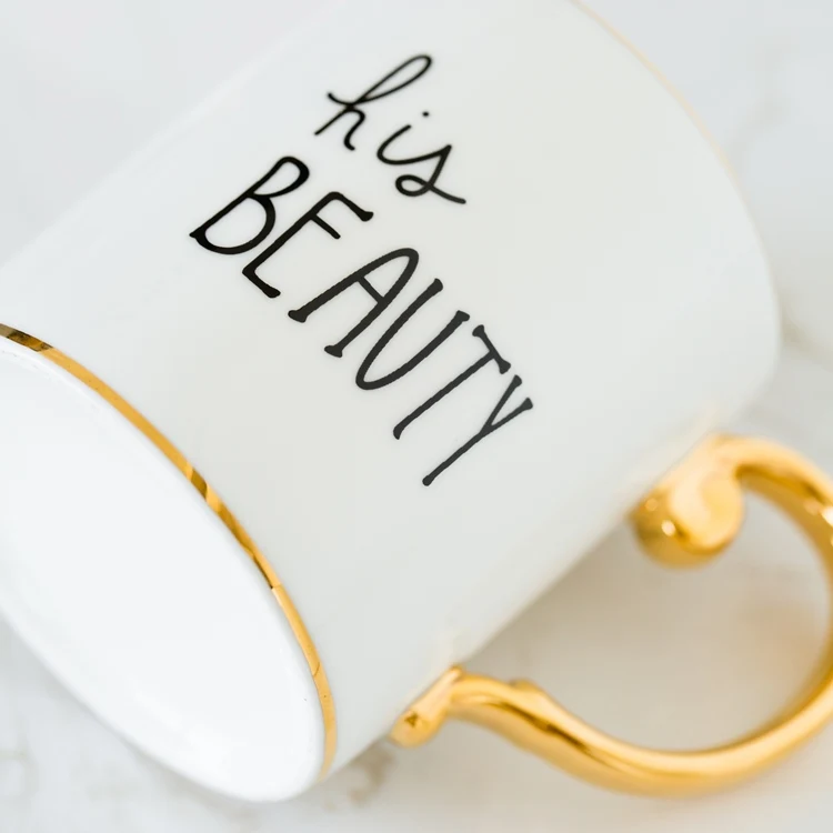 Luxury Gold Handle Ceramic Mugs Wholesale Porcelain Couple Mugs Beauty Beast Mugs Coffee Cups Gold Rimmed