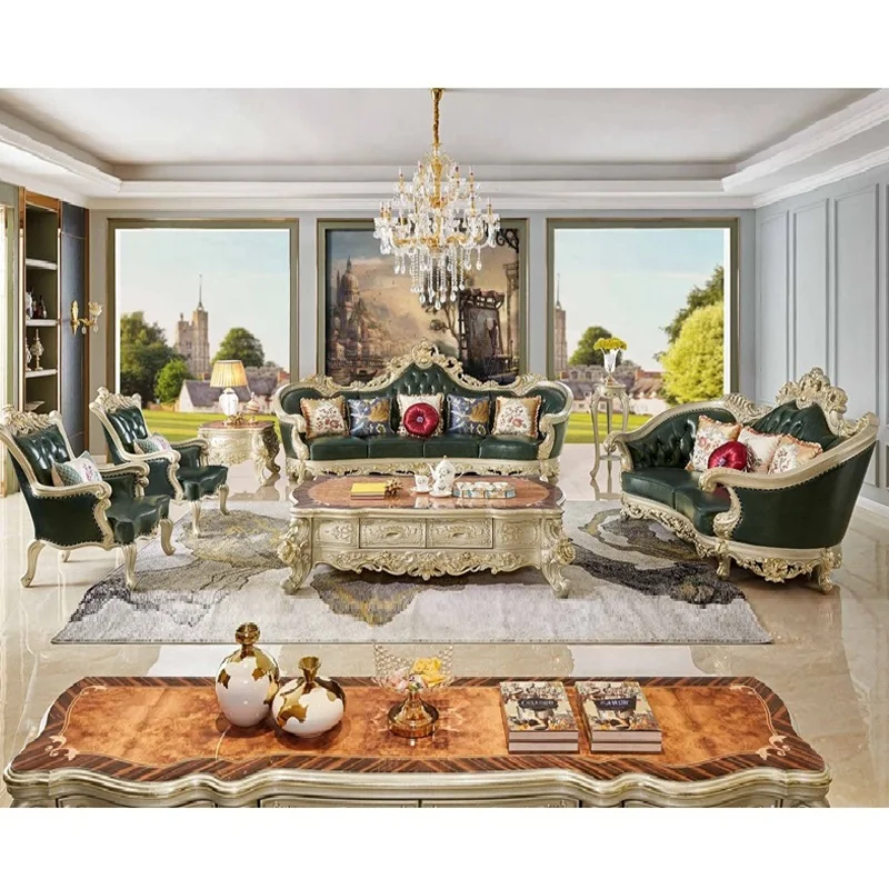 European Royal Style Sofa Furniture Sets Luxury Classic Carved Wood Genuine Leather Living Room sofa