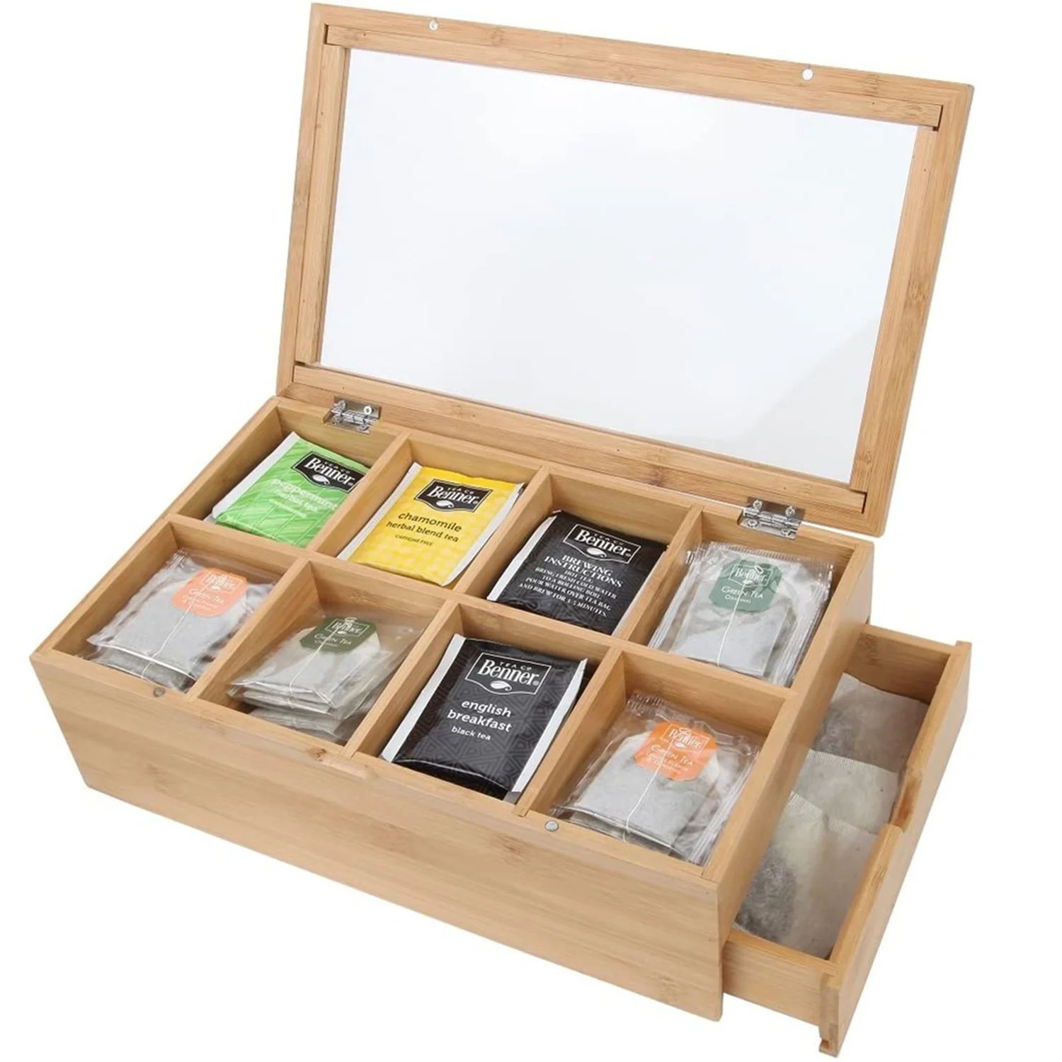 Под заказ, 8 отсеков для хранения, Бамбуковая деревянная коробка для чайных пакетиков, нагрудный Органайзер с выдвижным ящиком и акриловой магнитной крышкой на окно