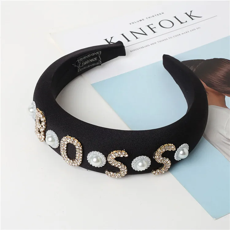 2021 Fashion Black Sponge PADDED Boss Letters Boujee Queen Crystal Baroque Bead Headband Lurex Rhinestone Headband