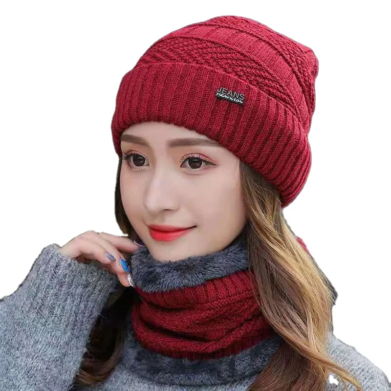 Wholesale High Quality Winter Men and Women Korean Wool Knitted Beanie Hat winter warm hat scarf set
