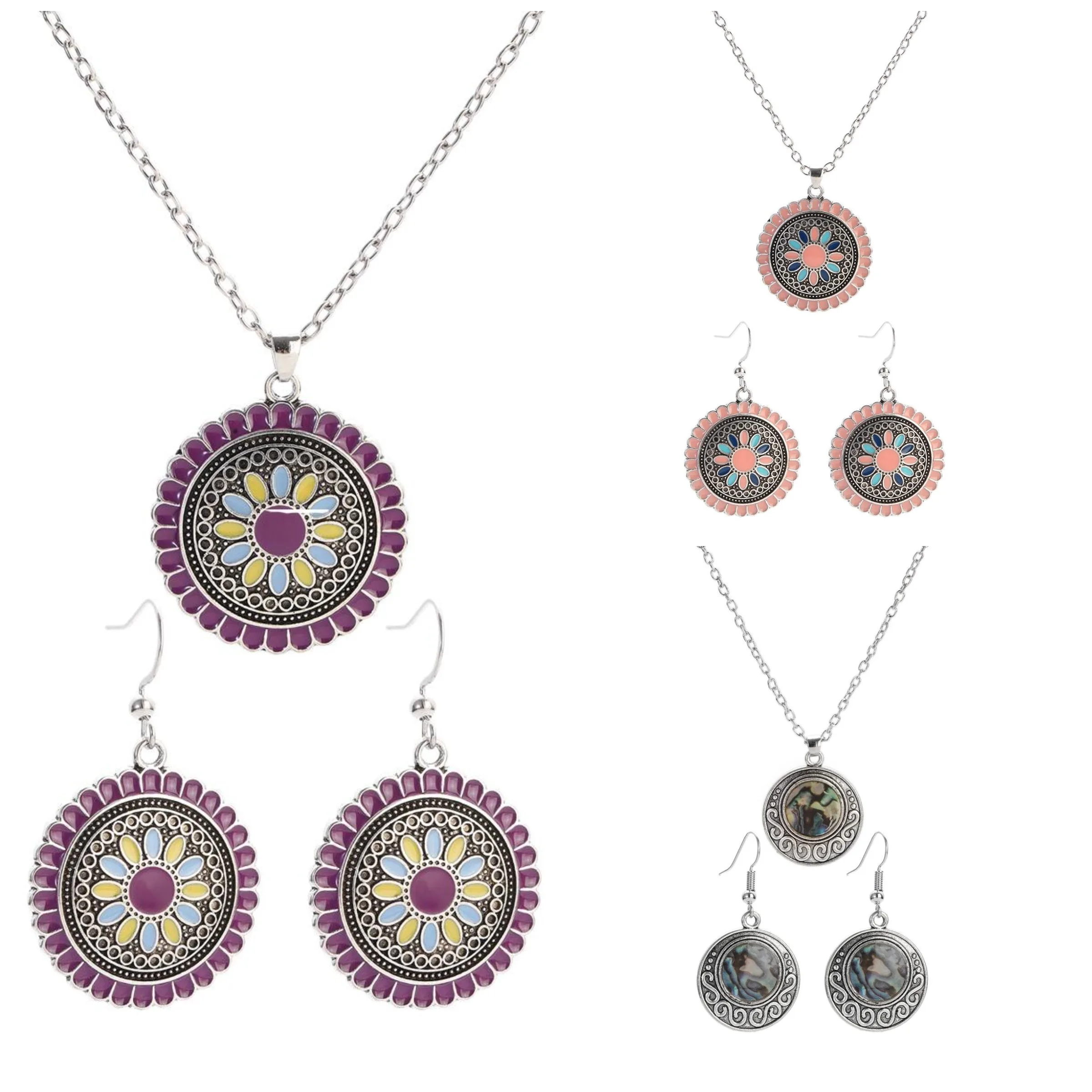 Bohemian Colorful Flowers Jewelry Set For Women Alloy Round Earrings And Necklaces Retro Party Jewelry Gift