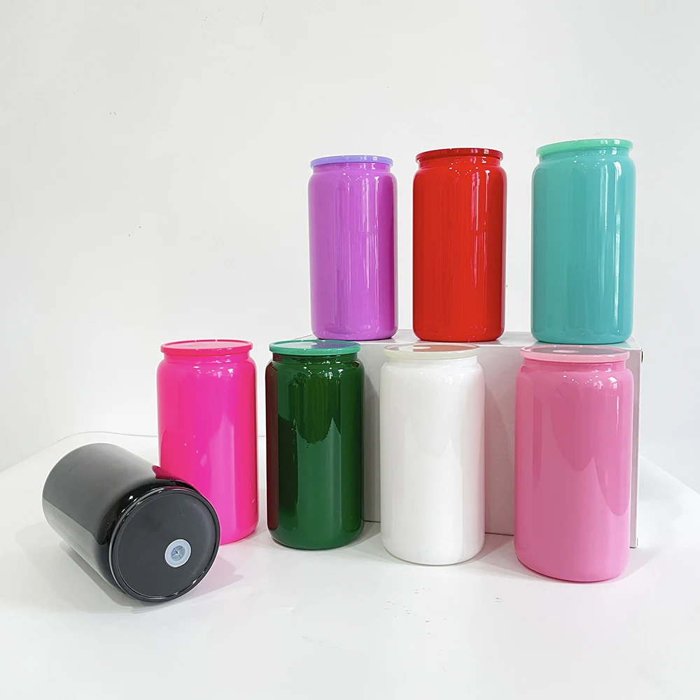 Wholesale 16 oz colorful Glass Beer Can with Colorful Lid For Gift sublimation blanks 16oz Glass Can With Colored PP Lid
