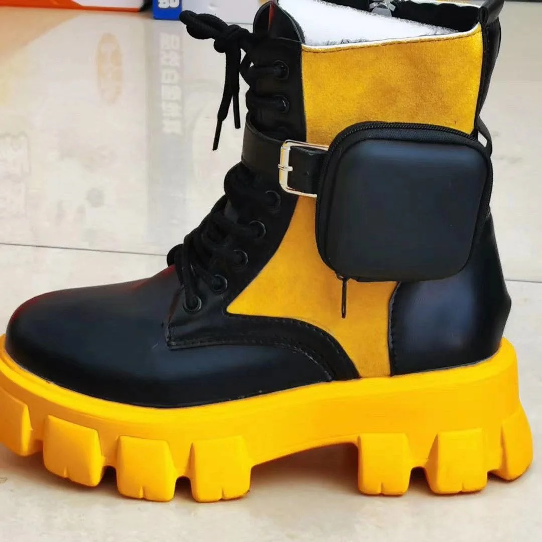 Autumn Big Size Anti-slip Thick Sole Lace Up Women Boots Buckle Round Toe Ankle Boots For Lady Platform Pocket Ornament Booties