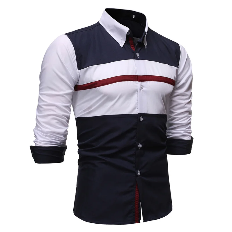 Free Shipping Color Stripe Block Long Sleeve Casual Business Men Shirt