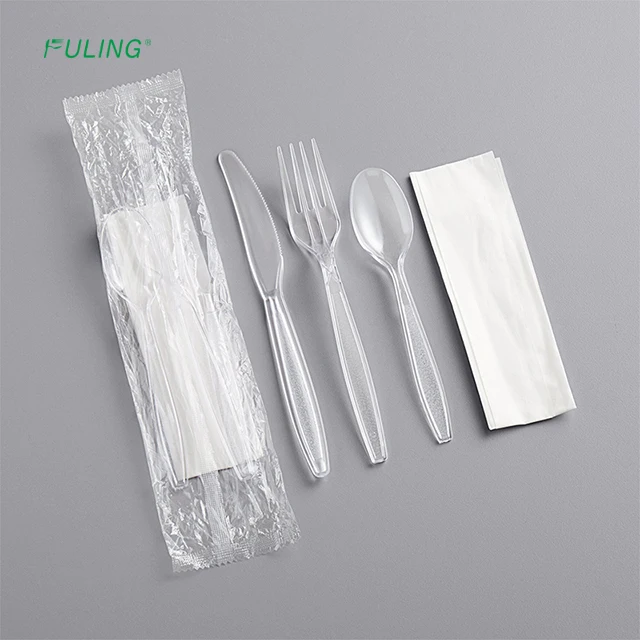 Heavy Weight Black Wrapped Disposable Plastic Cutlery Set With Napkin