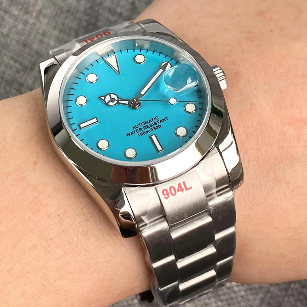 Flat Polish Bezel Ice Blue Out NH35 Mechanical Watch Men Custom logo Bracelet 36MM 39MM Business Wristwatch Lumed Clock