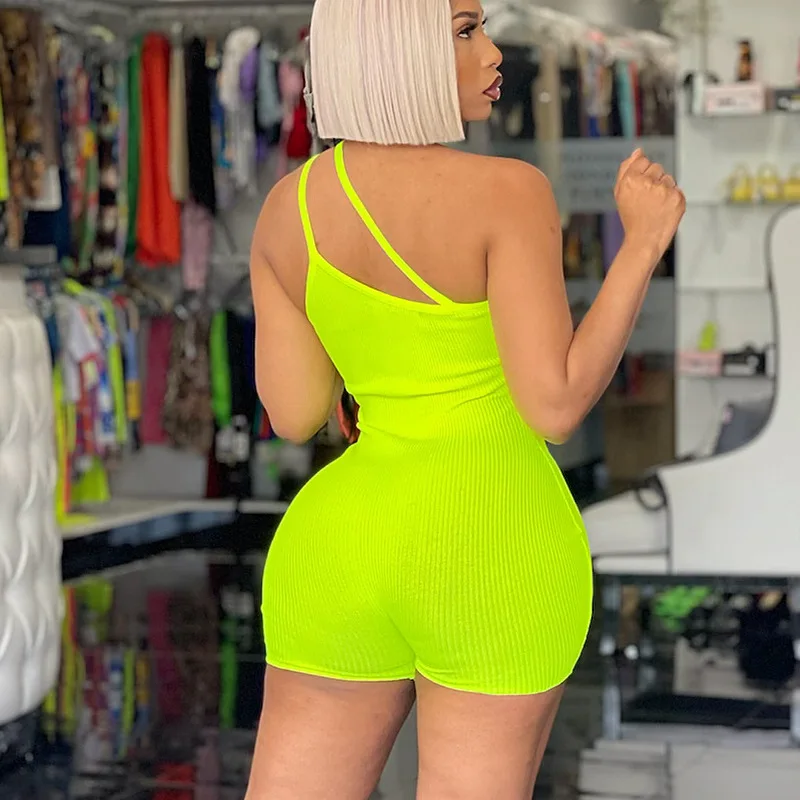 B27080 bandage fashion backless solid color one shoulder strap sleeveless bodycon rompers womens