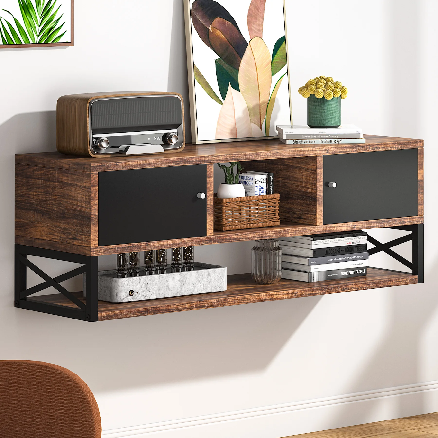 Modern accent decorative living room floating 3-Tier vintage wall mounted media entertainment center TV stand cabinet