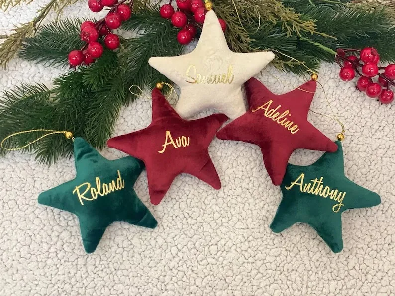 Personalized Baubles Xmas Tree Ornaments Christmas Velvet Star Pendant Custom Plush Star Ornaments Christmas Decor Velvet Star