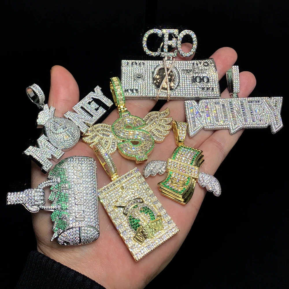 iced out bling hip hop men boy jewelry custom trendy dollar $ money bag letter baby bear pendant necklace