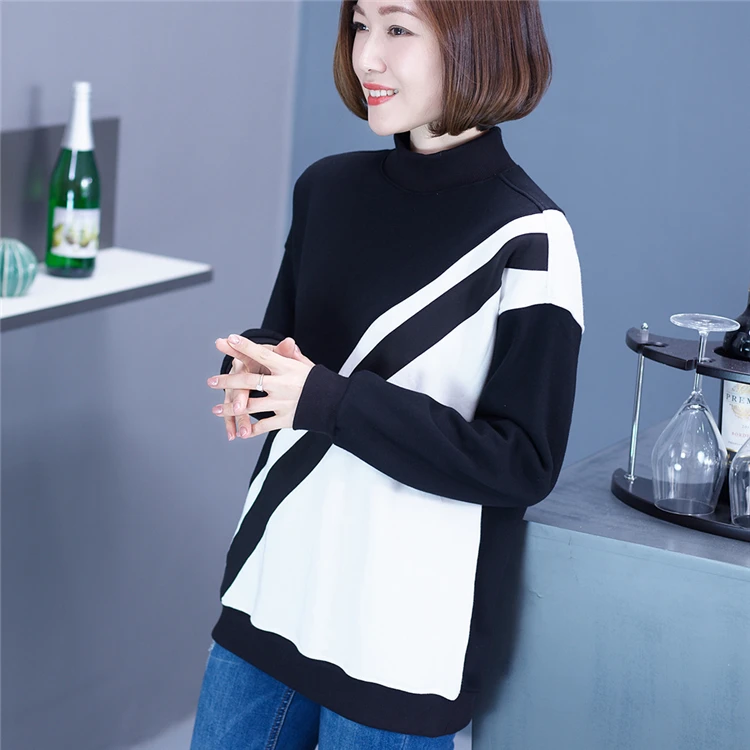 
Women Basic Round Neck Fashion Cotton Long Sleeve Knitting Pullover Sweater Color Block Long Sleeve Sweatshirt Without Hood 