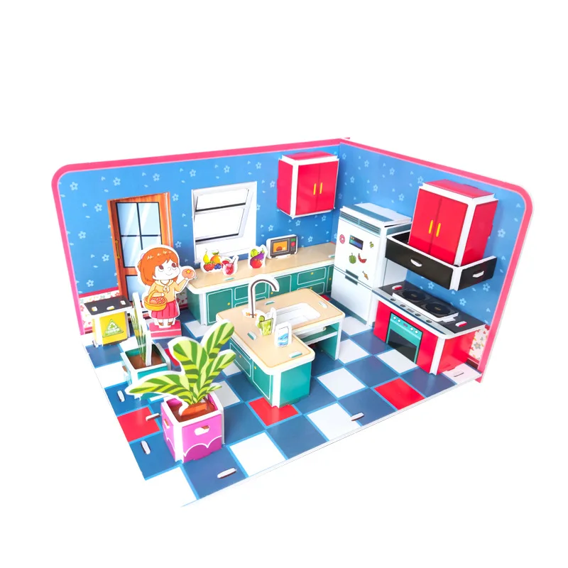 New Cheap 3d Paper Puzzle Dollhouse Kitchen House Style DIY Toy Puzzle For Kids