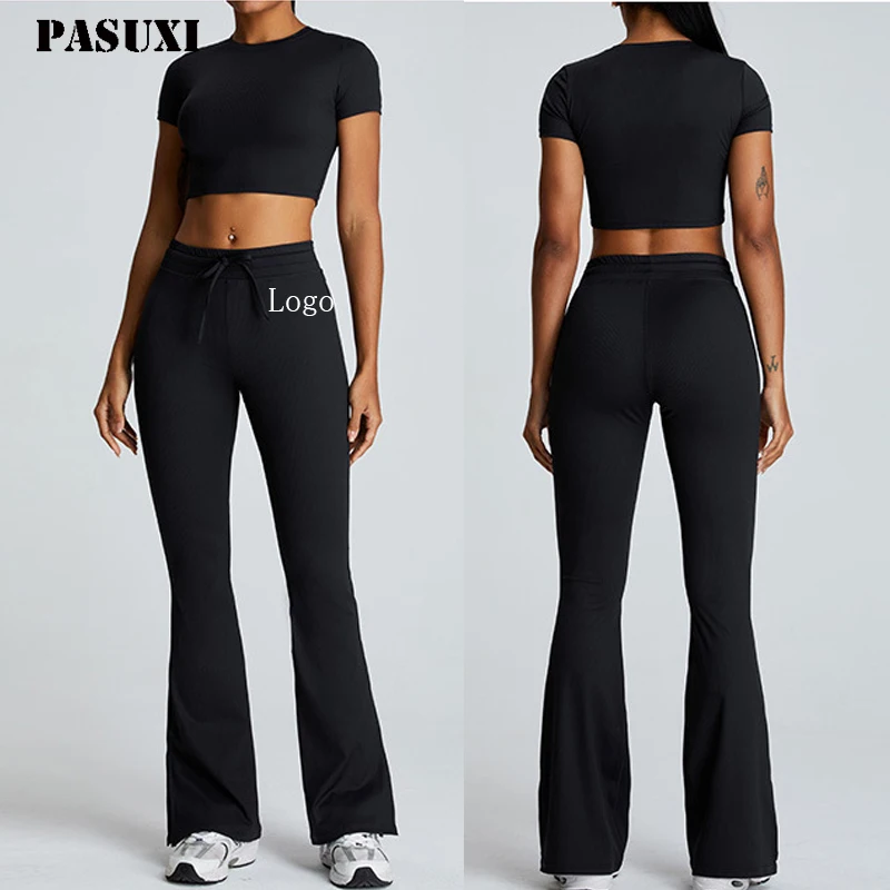 PASUXI High Quality Quick Dry Activewear Sets For Women Flare Pants Short Sleeve Two Pieces Fitness Yoga Wear