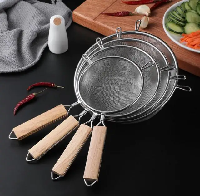 304 Stainless Steel Fine Mesh Strainer Kitchen Sieve with Wood Handle
