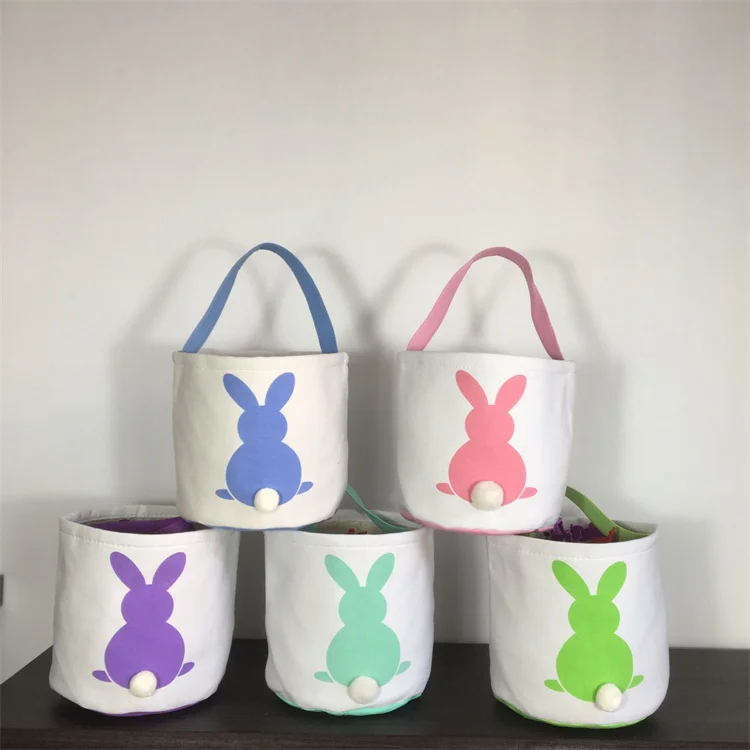 Hot Selling Monogram Personalized Easter Bunny Basket Big Capacity Canvas Blank Tote for Egg Hunts Supplies