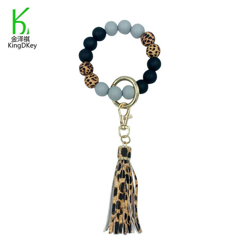 New PU Leather Tassel Wooden Silicone Beaded Bangle Bracelet Keychain Leopard Printed Wrisyband Keyring